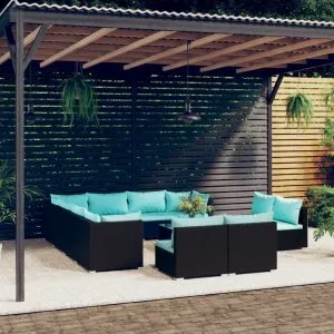 Set mobilier de grădină cu perne, 12 piese, negru, poliratan