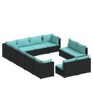 Set mobilier de grădină cu perne, 12 piese, negru, poliratan