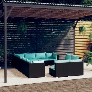 Set mobilier de grădină cu perne, 12 piese, negru, poliratan