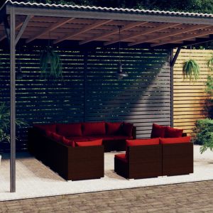 Set mobilier de grădină cu perne, 12 piese, maro, poliratan