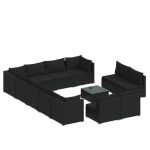 Set mobilier de grădină cu perne, 13 piese, negru, poliratan
