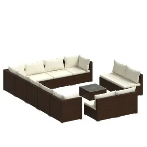 Set mobilier de grădină cu perne, 13 piese, maro, poliratan