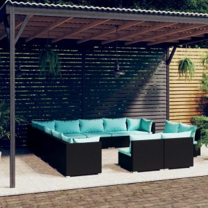 Set mobilier de grădină cu perne, 13 piese, negru, poliratan