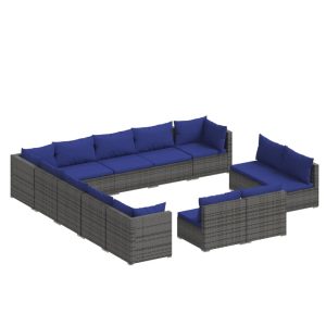 Set mobilier de grădină cu perne, 13 piese,gri, poliratan