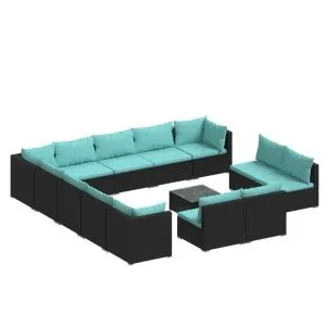 Set mobilier de grădină cu perne, 14 piese, negru, poliratan