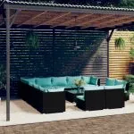 Set mobilier de grădină cu perne, 14 piese, negru, poliratan
