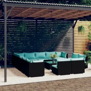 Set mobilier de grădină cu perne, 14 piese, negru, poliratan