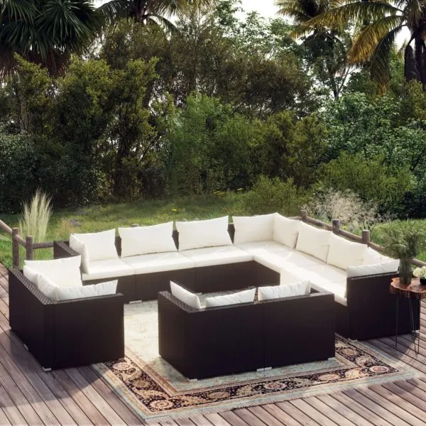 Set mobilier de grădină cu perne, 11 piese, negru, poliratan