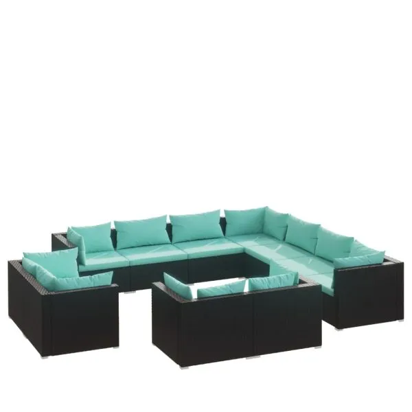 Set mobilier de grădină cu perne, 11 piese, negru, poliratan