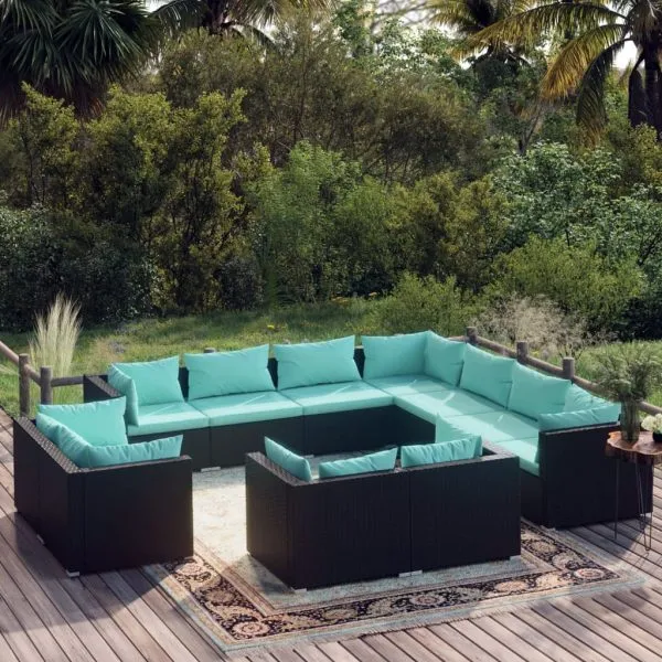 Set mobilier de grădină cu perne, 11 piese, negru, poliratan