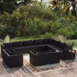 Set mobilier de grădină cu perne, 12 piese, negru, poliratan