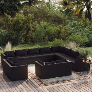Set mobilier de grădină cu perne, 12 piese, negru, poliratan