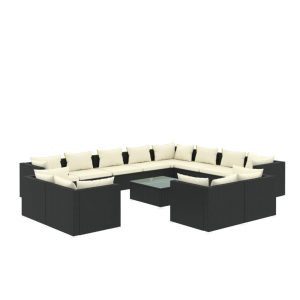 Set mobilier de grădină cu perne, 13 piese, negru, poliratan