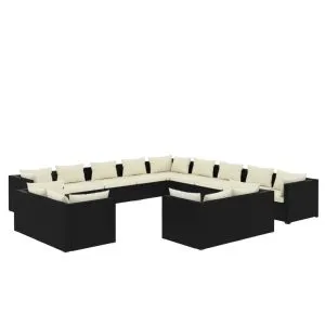Set mobilier de grădină cu perne, 13 piese, negru, poliratan