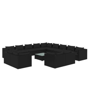 Set mobilier de grădină cu perne, 14 piese, negru, poliratan