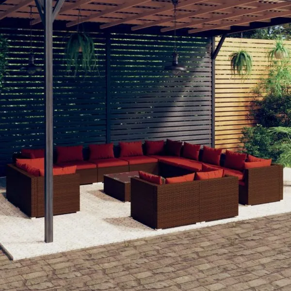 Set mobilier de grădină cu perne, 14 piese, maro, poliratan