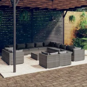 Set mobilier de grădină cu perne, 14 piese, gri, poliratan