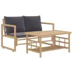 Set mobilier de grădină cu perne gri închis, 2 piese, bambus