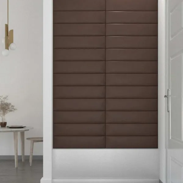 Panouri perete 12 buc. maro 60×15 cm, piele ecologică, 1,08 m²