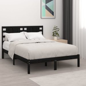 Cadru de pat dublu, negru, 135×190 cm, lemn masiv