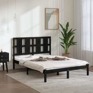 Cadru de pat dublu, negru, 135×190 cm, lemn masiv