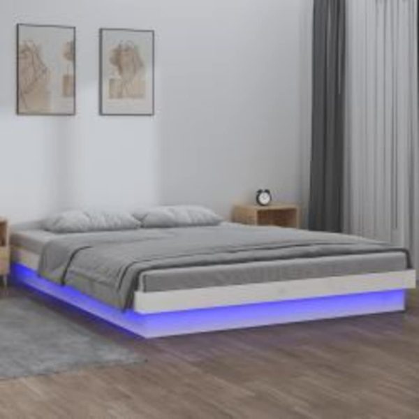 Cadru de pat cu LED, alb, 140×200 cm, lemn masiv