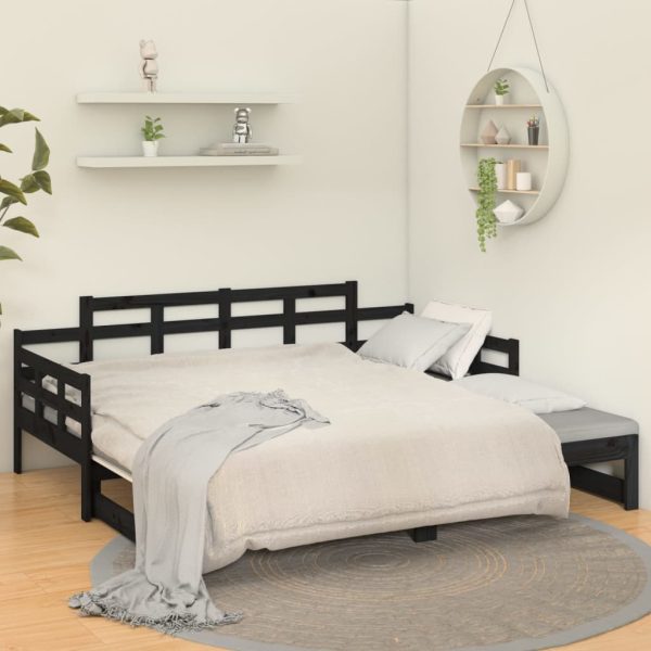 Pat extensibil de zi, negru, 2x(90×200) cm, lemn masiv pin