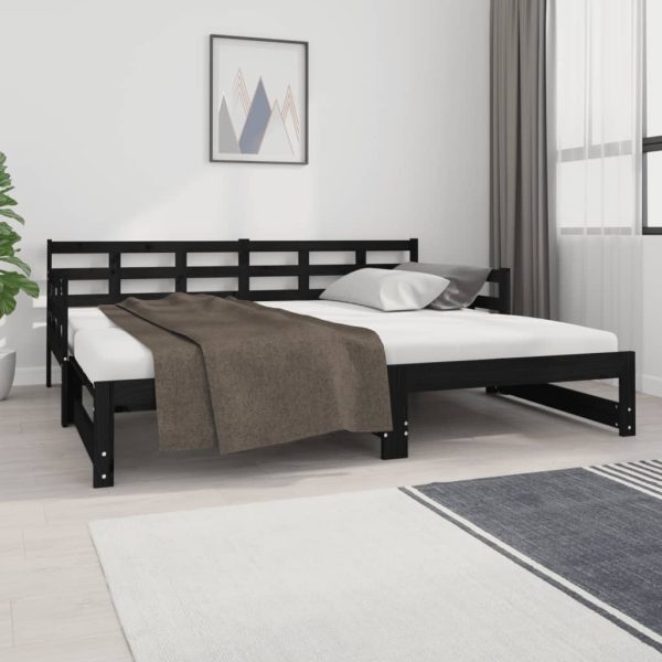 Pat de zi extensibil, negru, 2x(90×190) cm, lemn masiv de pin