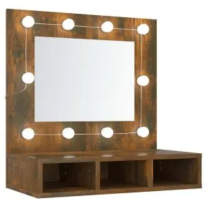 Dulap cu oglindă și LED, stejar fumuriu, 60×31,5×62 cm