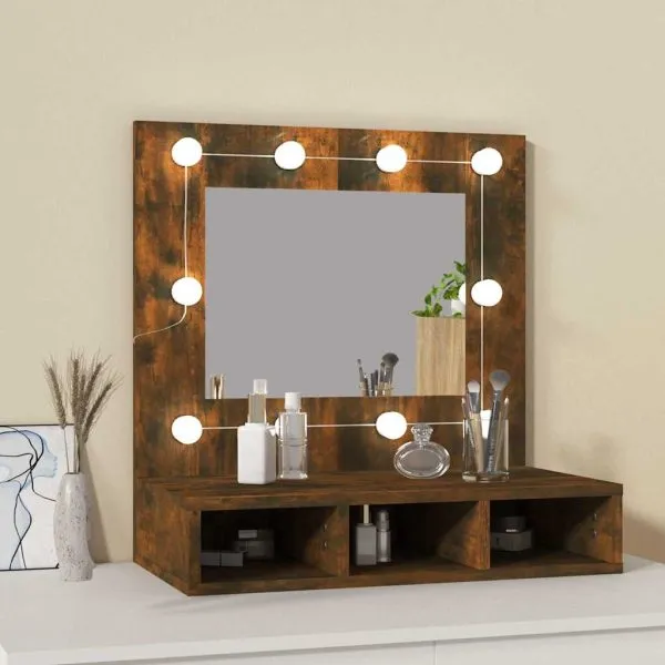 Dulap cu oglindă și LED, stejar fumuriu, 60×31,5×62 cm