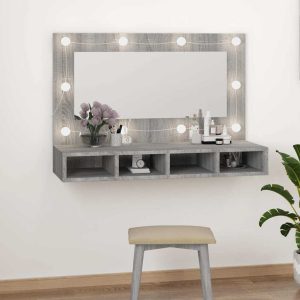 Dulap cu oglindă și LED, gri sonoma, 90×31,5×62 cm