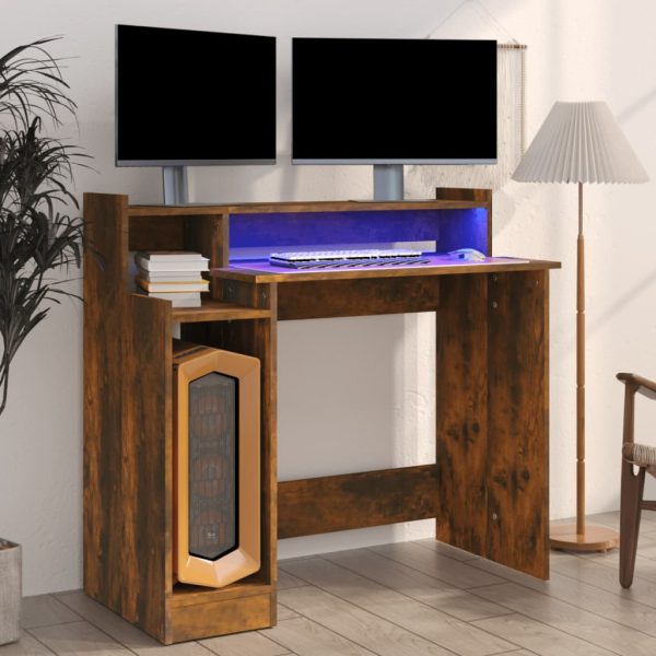 Birou cu lumini LED, stejar fumuriu, 97x90x45 cm lemn prelucrat