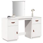 Set de masă de toaletă cu oglindă, alb, lemn masiv de pin