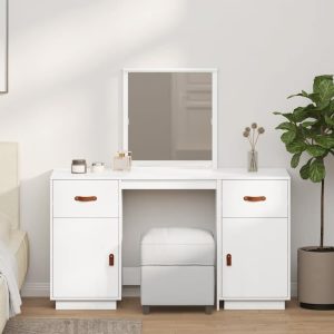 Set de masă de toaletă cu oglindă, alb, lemn masiv de pin