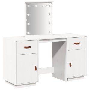 Set de masă de toaletă cu LED, alb, lemn masiv de pin