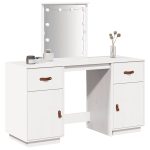 Set de masă de toaletă cu LED, alb, lemn masiv de pin