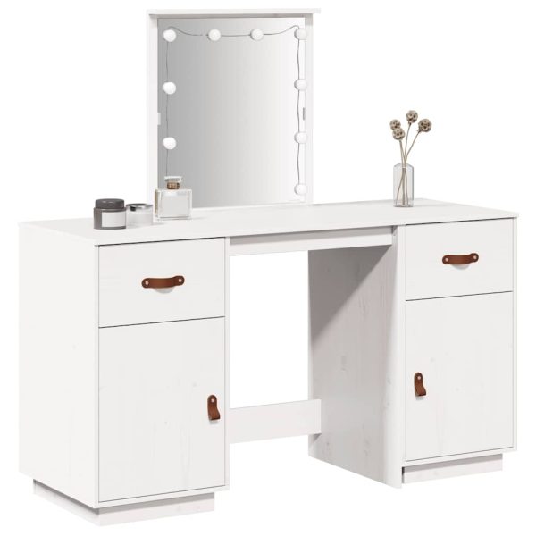 Set de masă de toaletă cu LED, alb, lemn masiv de pin