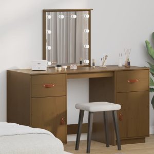 Set de masă de toaletă cu LED, maro miere, lemn masiv de pin