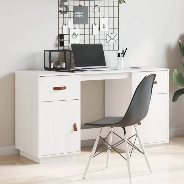 Birou cu dulapuri, alb, 135x50x75 cm, lemn masiv de pin