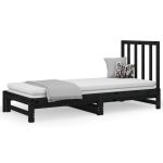 Pat de zi extensibil, negru, 2x(90×200) cm, lemn masiv de pin