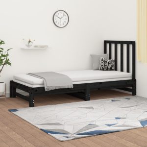 Pat de zi extensibil, negru, 2x(90×200) cm, lemn masiv de pin