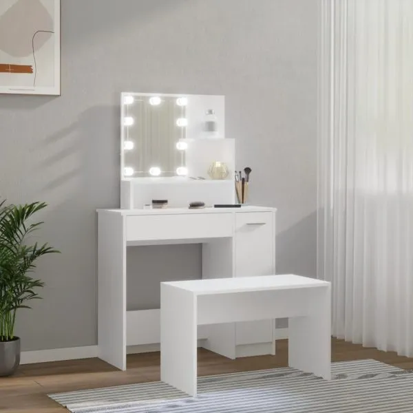 Set măsuță de toaletă cu LED, alb, lemn prelucrat