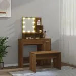 Set de masă de toaletă cu LED, stejar maro, lemn prelucrat