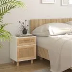 Noptiere, 2 buc., alb, lemn masiv de pin și ratan natural