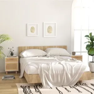 Noptiere, 2 buc., alb, lemn masiv de pin și ratan natural