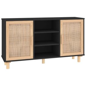 Servantă, negru, 105x30x60 cm, lemn masiv pin și ratan natural