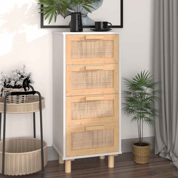 Servantă, alb, 40x30x90 cm, lemn masiv pin și ratan natural