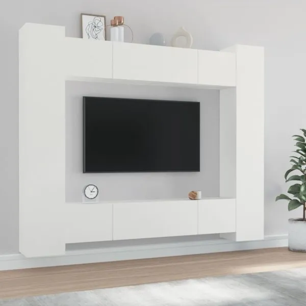 Set dulap TV, 8 piese, alb, lemn prelucrat