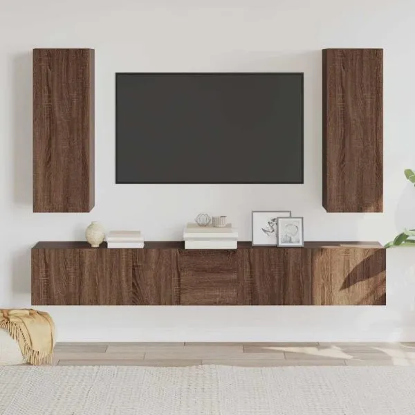 Set dulapuri TV, 5 piese, stejar maro, lemn prelucrat