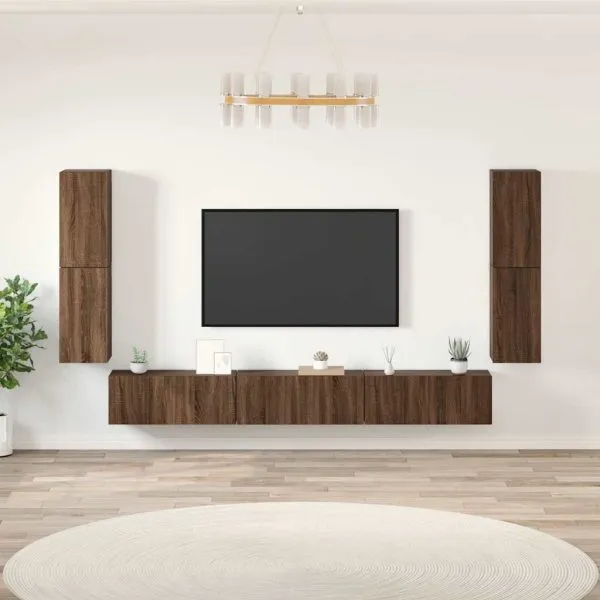 Set comode TV, 7 piese, stejar maro, lemn compozit